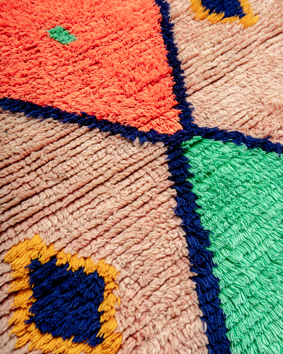 Modern designer vintage handcrafted Berber rug from Morocco. Boucherouite with beautiful colors and patterns.
